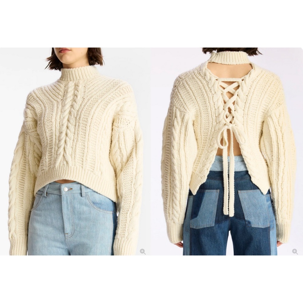 *NWT* A.L.C. Shelby Sweater Cream Cable‎ Knit Lace Up Back Merino Wool XS $495